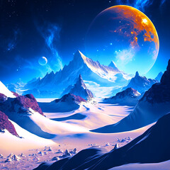 Fototapeta premium planet moon over the mountains with snow
