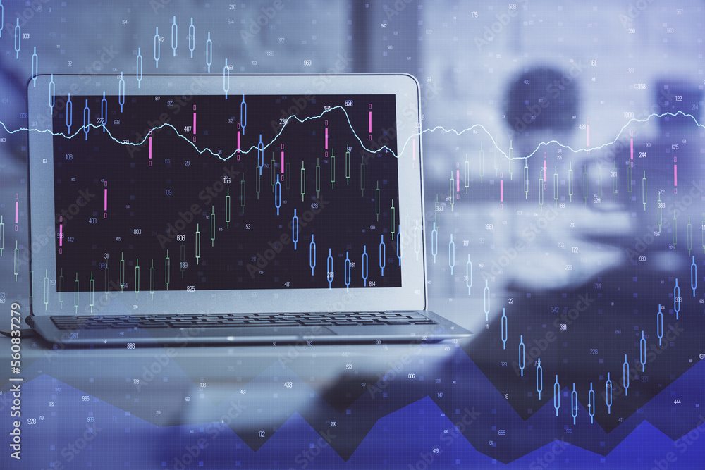 Poster Financial graph colorful drawing and table with computer on background. Double exposure. Concept of international markets.