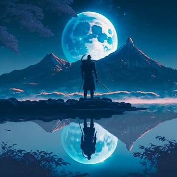 samurai with swords and kasa stands against the background of the night starry sky with clouds. The moon and mountains is reflected in the river, mountains in the distance