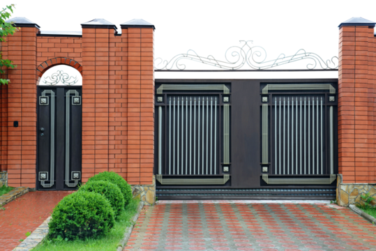 Facade, decorative  gates and door.