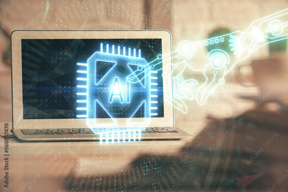 Poster Multi exposure of desktop computer and technology theme hologram. Concept of software development.