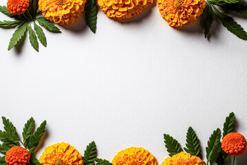 Naklejka na ściany i meble Marigold flowers flat lay design, copyspace. Generative AI