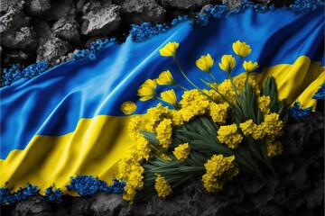 ukraine country flag painted on the white beckground with flowers