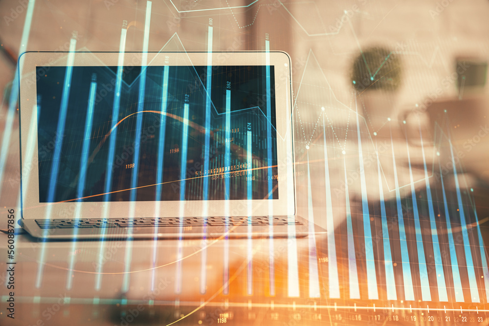 Poster Financial graph colorful drawing and table with computer on background. Double exposure. Concept of international markets.