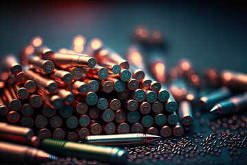 Closeup of a pile of bullets, ammunition. Generative AI - obrazy, fototapety, plakaty