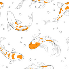 Koi carp fishes seamless pattern. Vector background of hand drawn traditional japanese gold carp in pond. Japanese oriental garden with goldfish for posters, print, banner, fabric, pattern, web