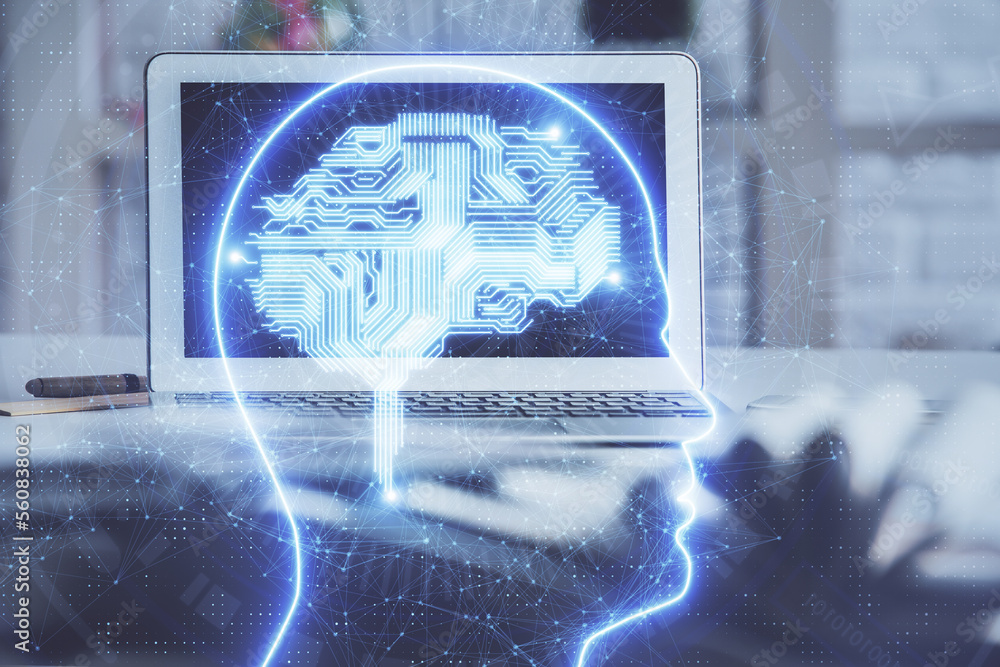 Poster double exposure of work space with computer and human brain drawing hologram. brainstorm concept.