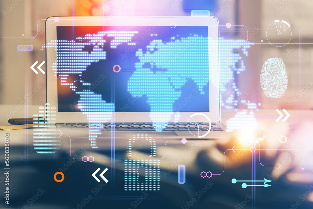 Poster Double exposure of desktop with computer and world map hologram. International data network concept.