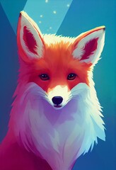 Fototapeta premium Funny adorable portrait headshot of cute fox. North American land animal standing facing front. Looking to camera. Watercolor imitation illustration. AI generated vertical artistic poster.
