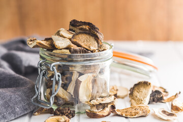 Sliced dried mushrooms in jar.