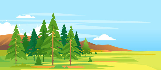Spruce forest summer landscape with mountains in simple geometric form, green triangular spruce with truncated branches, nature travel banner illustration