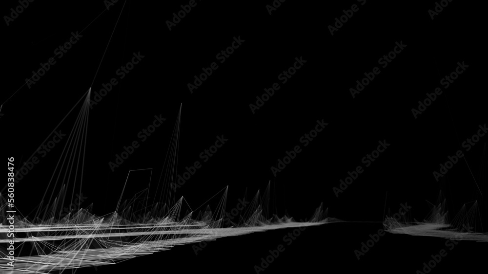 Poster Wave of digital particles on a black background. Abstract interlacing lines and points. Digital connection of elements. Simulation of the movement of small particles. 3D rendering.
