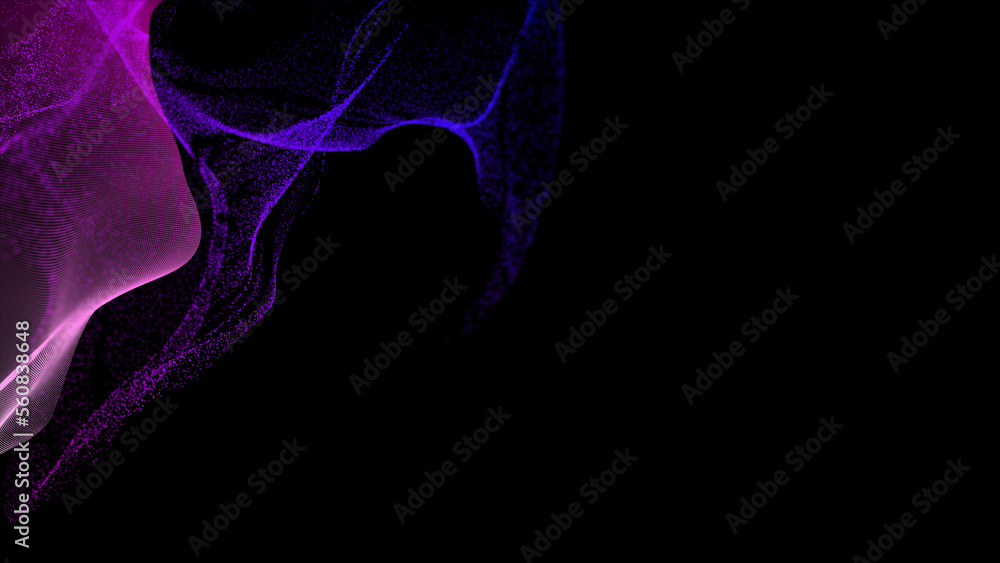 Poster Textured wave of particles. Visualization of technological connections. Molecular connection of particles in space. A wave of atoms. 3d rendering.