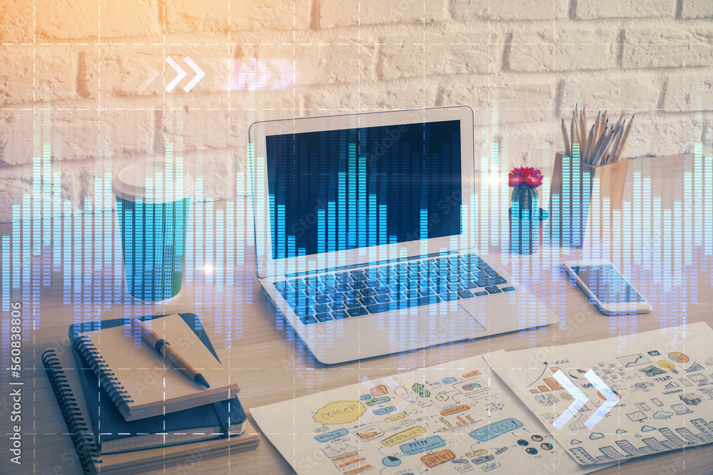 Poster double exposure of forex chart and work space with computer. concept of international online trading