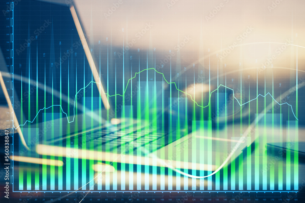 Poster double exposure of forex chart and work space with computer. concept of international online trading