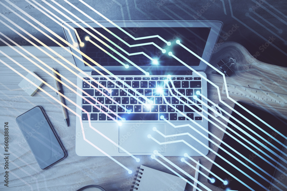 Poster Double exposure of desktop computer and technology theme hologram. Concept of software development.