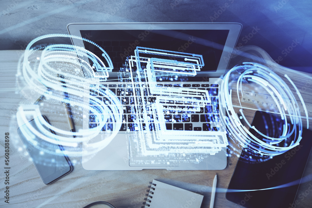 Poster Multi exposure of table with computer and seo drawing hologram. Search optimization concept.