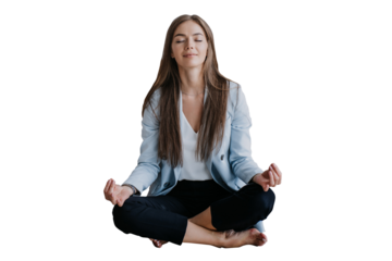 Emotionally balanced young caucasian woman in blue sits on floor at chair with laptop eyes closed in meditative pose, relaxing against transparent background at break of remote works. Businesswoman