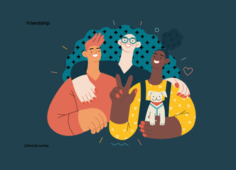 Lifestyle series - Friendship - modern flat vector illustration of a happy young man and women embracing and posing together. People activities concept