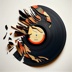 Music record falls apart on the side on musical notes. Illustration Generative AI
