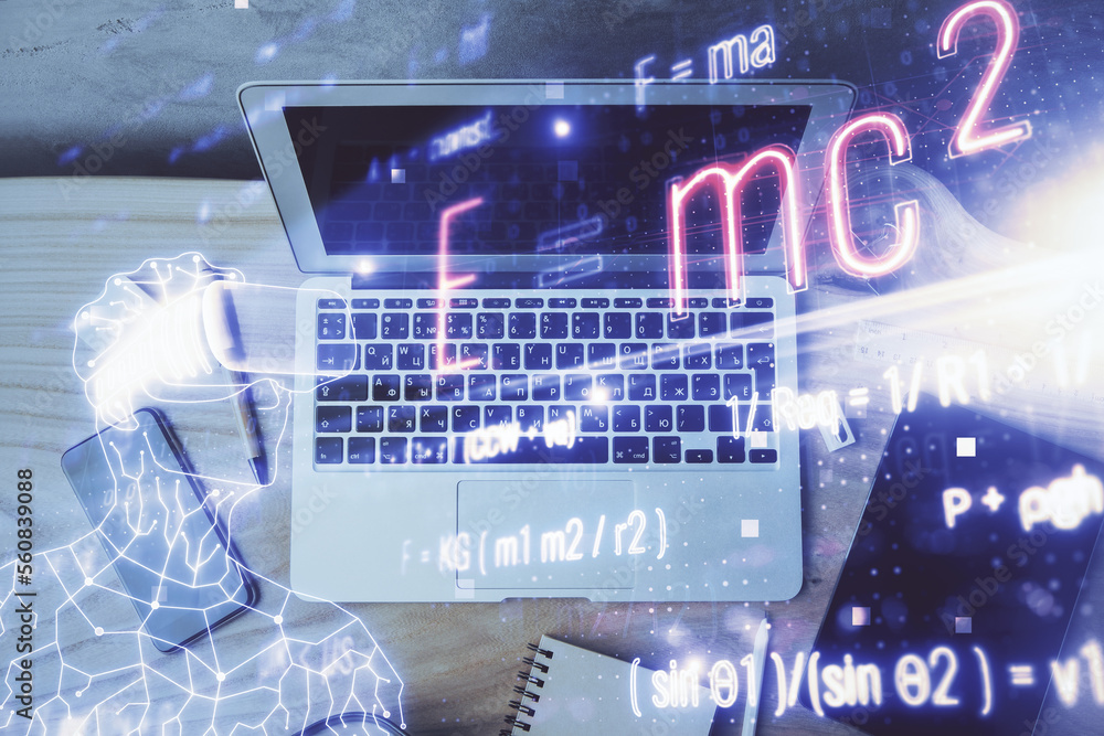 Poster desktop computer background and formula hologram writing. double exposure. education concept.