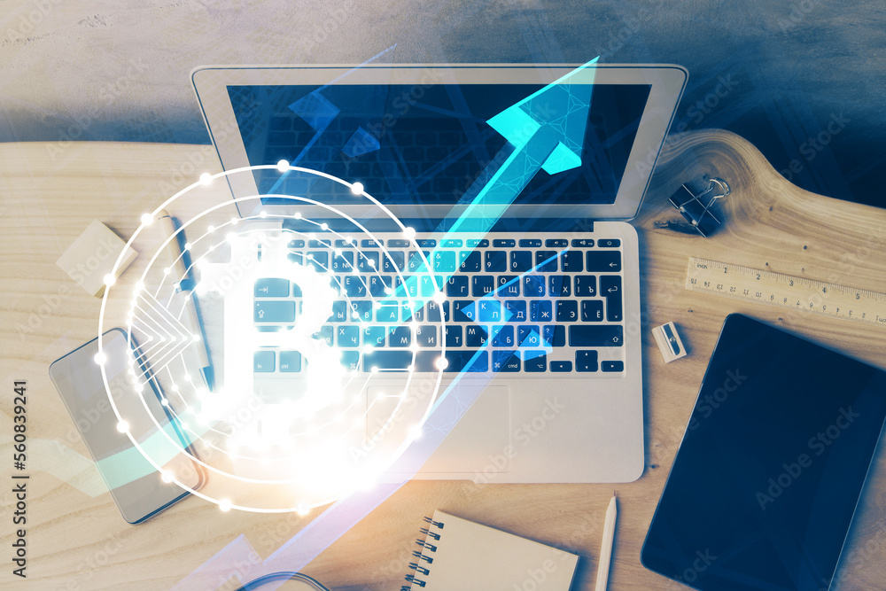 Poster Double exposure of blockchain theme hologram and table with computer background. Concept of bitcoin crypto currency.