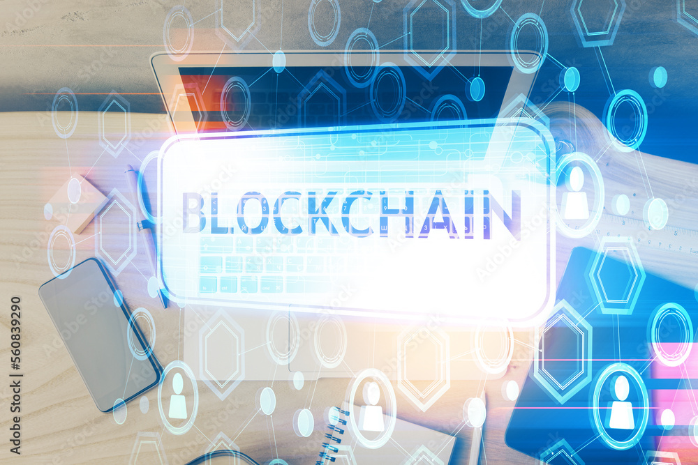 Aufkleber Double exposure of blockchain theme hologram and table with computer background. Concept of bitcoin crypto currency.