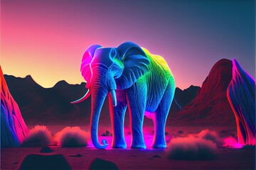 Neon psychic wave elephant animal created with generative ai technology