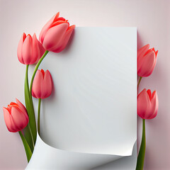 Page with pink tulip flowers. Illustration Generative AI