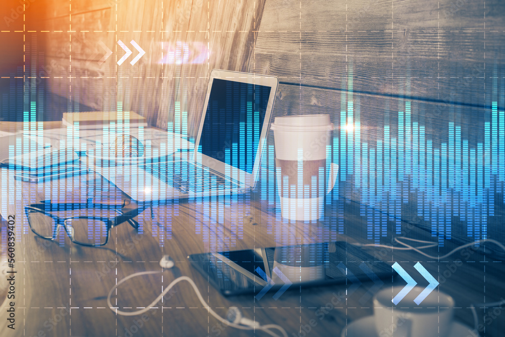 Poster Financial graph colorful drawing and table with computer on background. Double exposure. Concept of international markets.