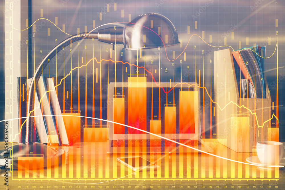 Aufkleber Financial graph colorful drawing and table with computer on background. Double exposure. Concept of international markets.