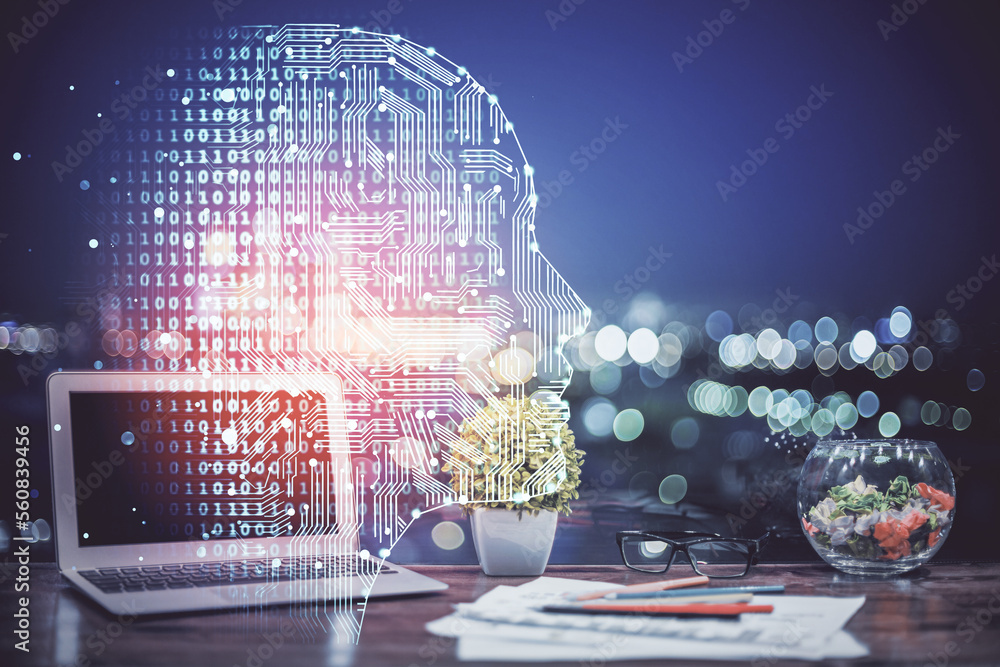 Poster Multi exposure of work table with computer and brain hologram. Brainstorm concept.