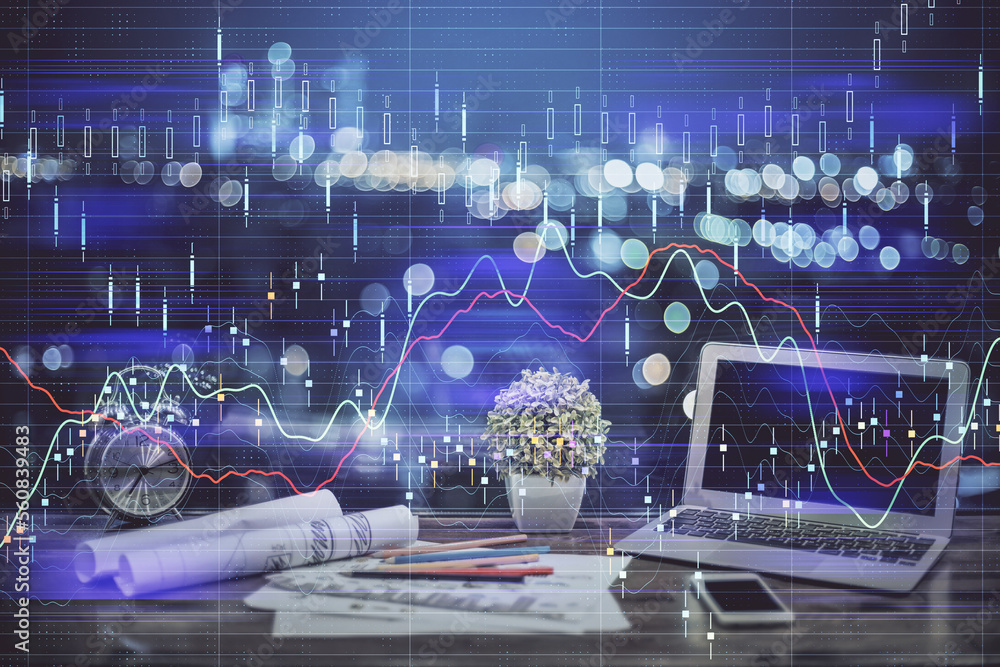 Aufkleber Financial graph colorful drawing and table with computer on background. Double exposure. Concept of international markets.