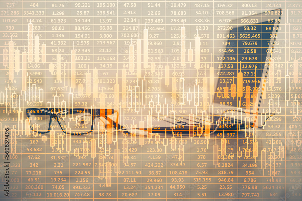 Poster financial graph colorful drawing and table with computer on background. double exposure. concept of 