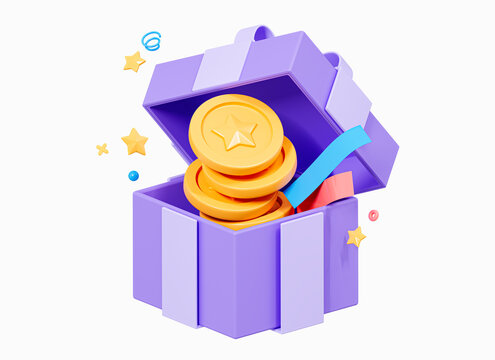 3D Loyalty program concept. Open gift box with coin. Win in game or casino. Surprise point. Special offer for Birthday. Cartoon creative design icon isolated on white background. 3D Rendering