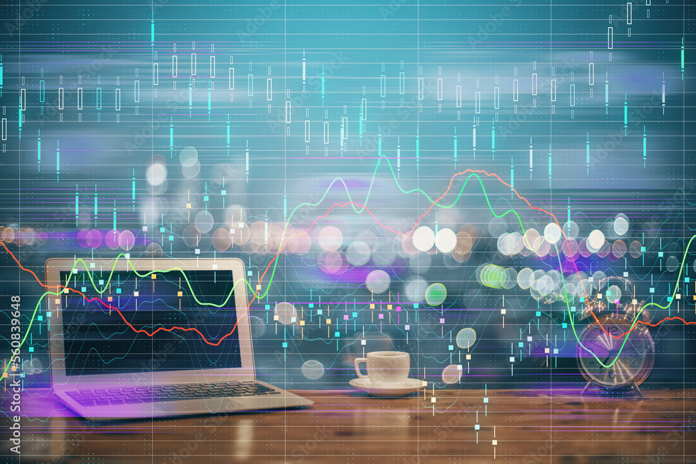 Aufkleber Financial graph colorful drawing and table with computer on background. Double exposure. Concept of international markets.
