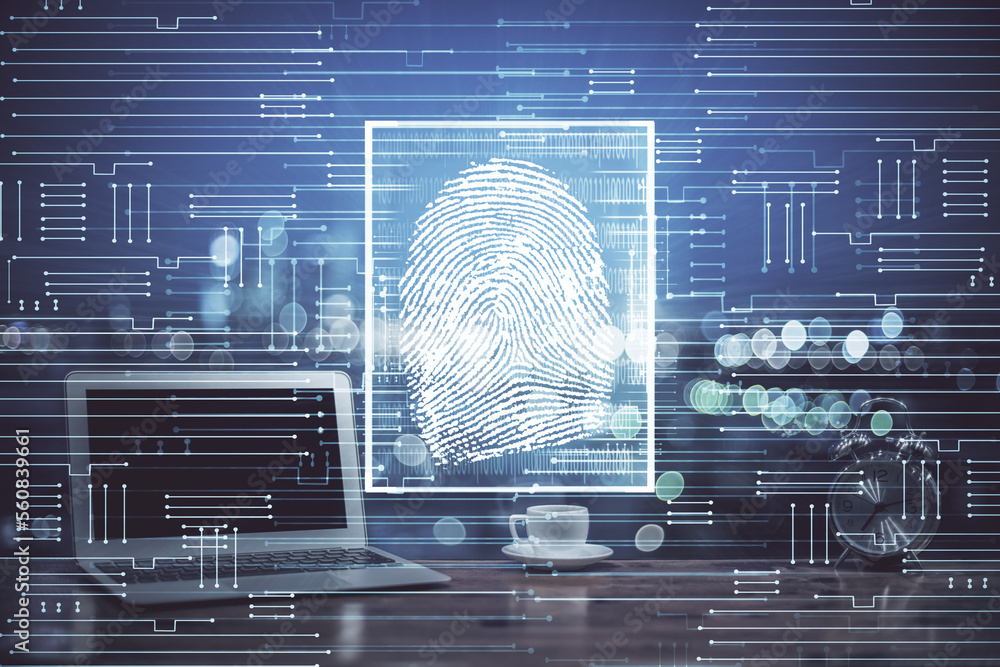 Poster Computer on desktop in office with finger print drawing. Double exposure. Concept of business data security.