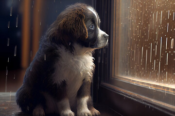 Sad and lonely puppy sit in the rain.Alone cat without home. Anxiety and melancholy concept