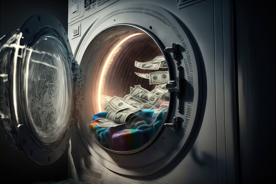 Money laundry image of USA American dollar bills inside a washing machine, copy space, generative AI