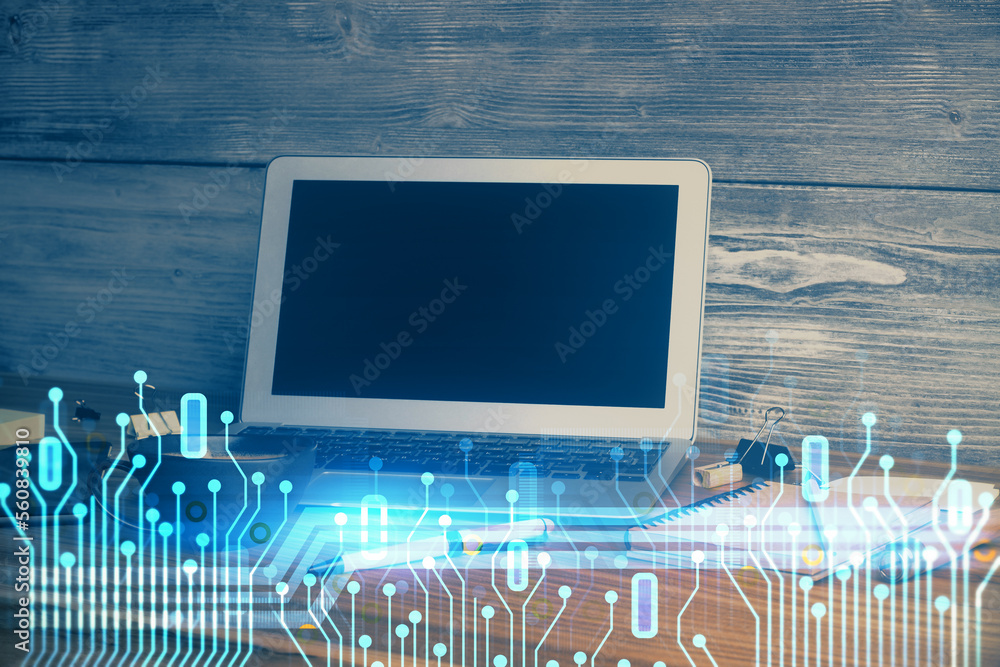 Poster multi exposure of computer on background and technology theme drawing. concept of innovation.