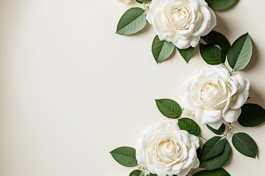 White roses flay lay design, copyspace. Generative AI