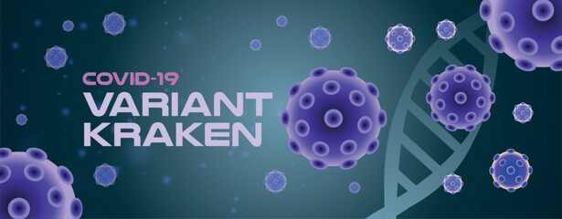 Fototapeta na wymiar Covid-19 variant kraken illustration. medical banner with 3d virus cells on abstract background. Vector banner