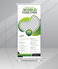Protect the World, Save the Environment, Make World Green Nature Roll-Up Banner Layout, Pull up standee display Green Accents with photo Space
