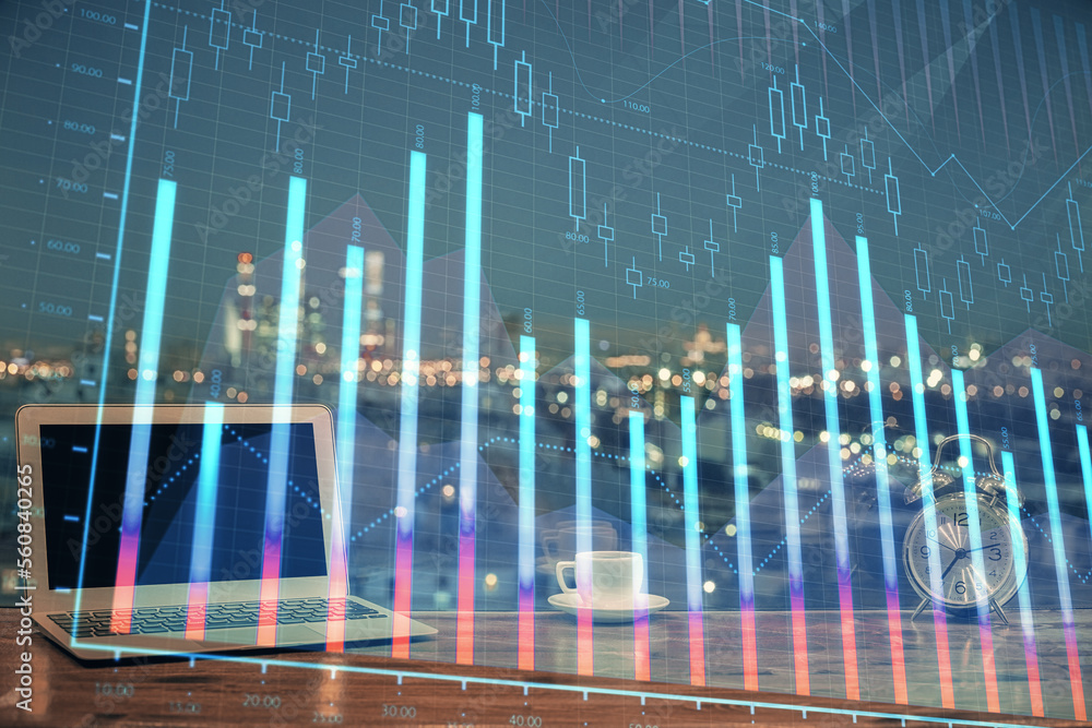 Poster Financial graph colorful drawing and table with computer on background. Double exposure. Concept of international markets.