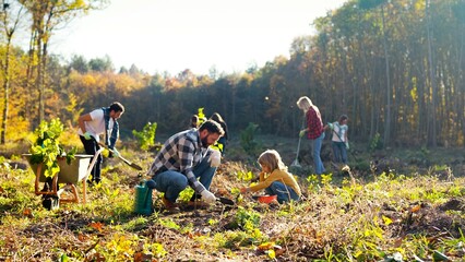 Happy father and child working together and planting seedling of tree in garden or forest on sunny...