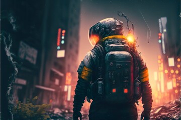 Cyberpunk Astronaut in the Apocalypse. Generative AI