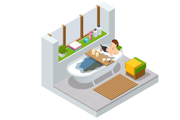 Isometric woman taking bath full of soap foam. Body hygiene, relaxing. Girl relaxing in bathtub