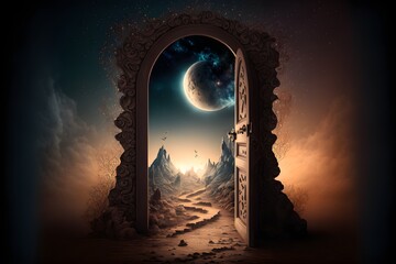 Portal to other world , fantasy theme illustration of the door that open path way to a different world , the unknown place.