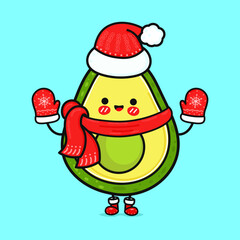Funny smiling happy avocado and christmas hat. Vector flat cartoon character illustration icon design. Isolated on blue background