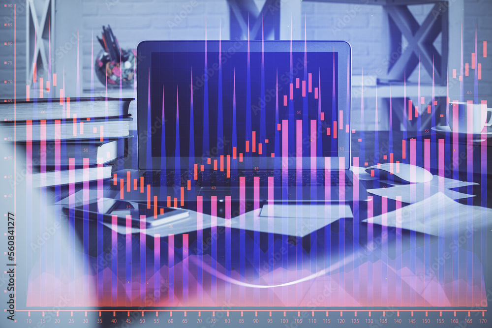 Poster Financial graph colorful drawing and table with computer on background. Double exposure. Concept of international markets.